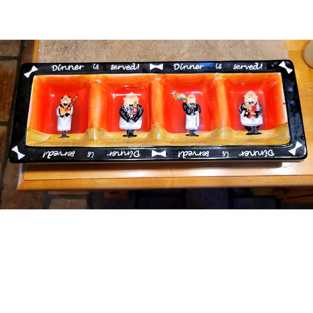 Hand Painted Ceramic Divided Serving Platter 4 Sections Dinner is Served